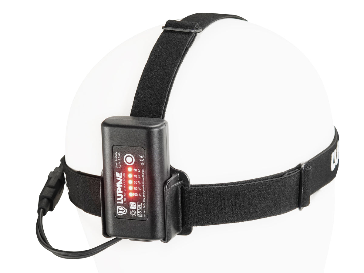 3.5 Ah SmartCore battery attached with FastClick at the back of the black headband, capacity indicator lit