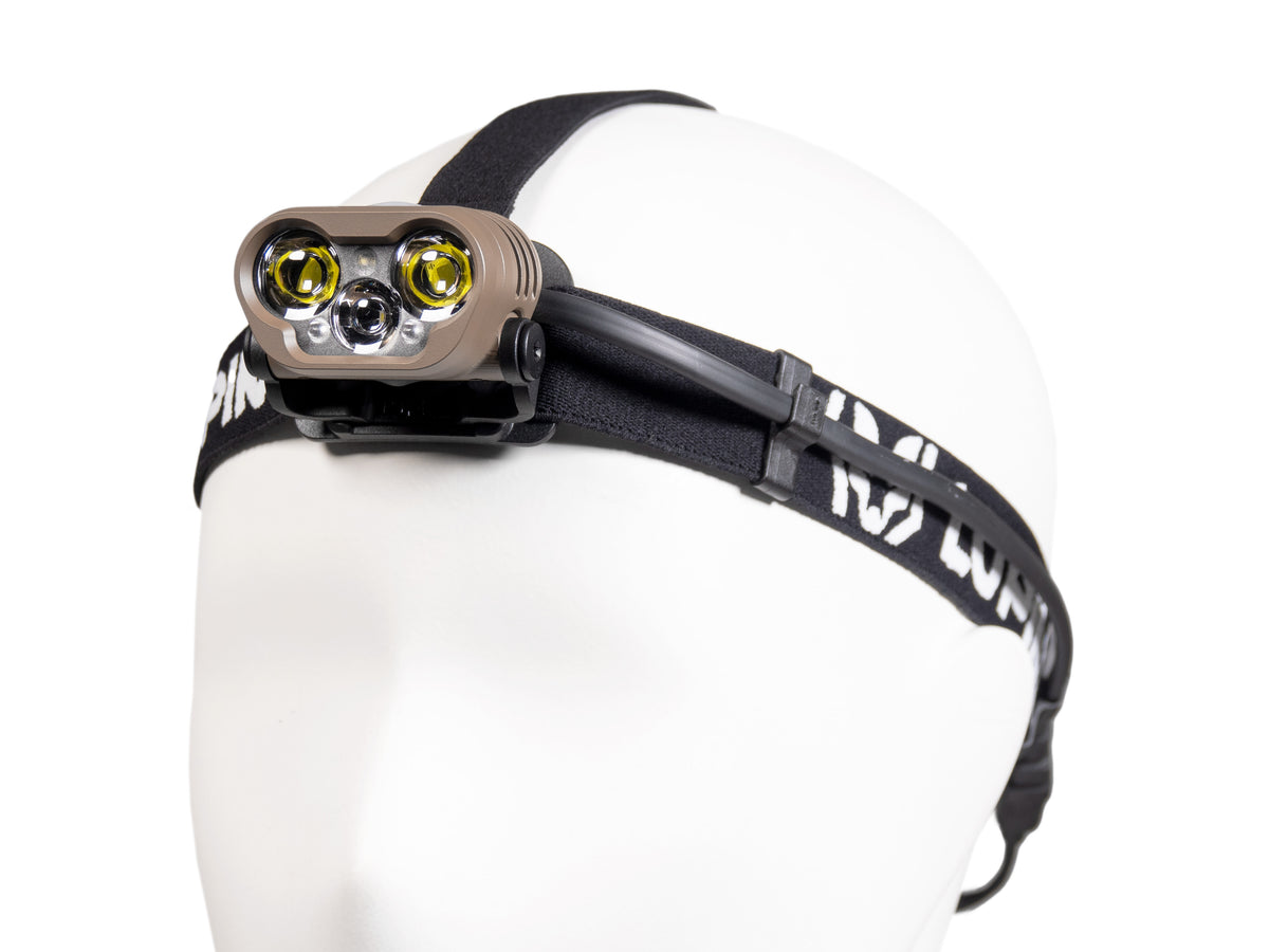 Blika Professional headlamp in Dark Earth on the headband, side view with cable routing