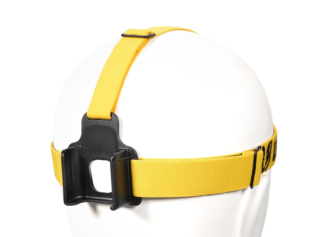 Yellow-black headband with FastClick battery mount, rear view