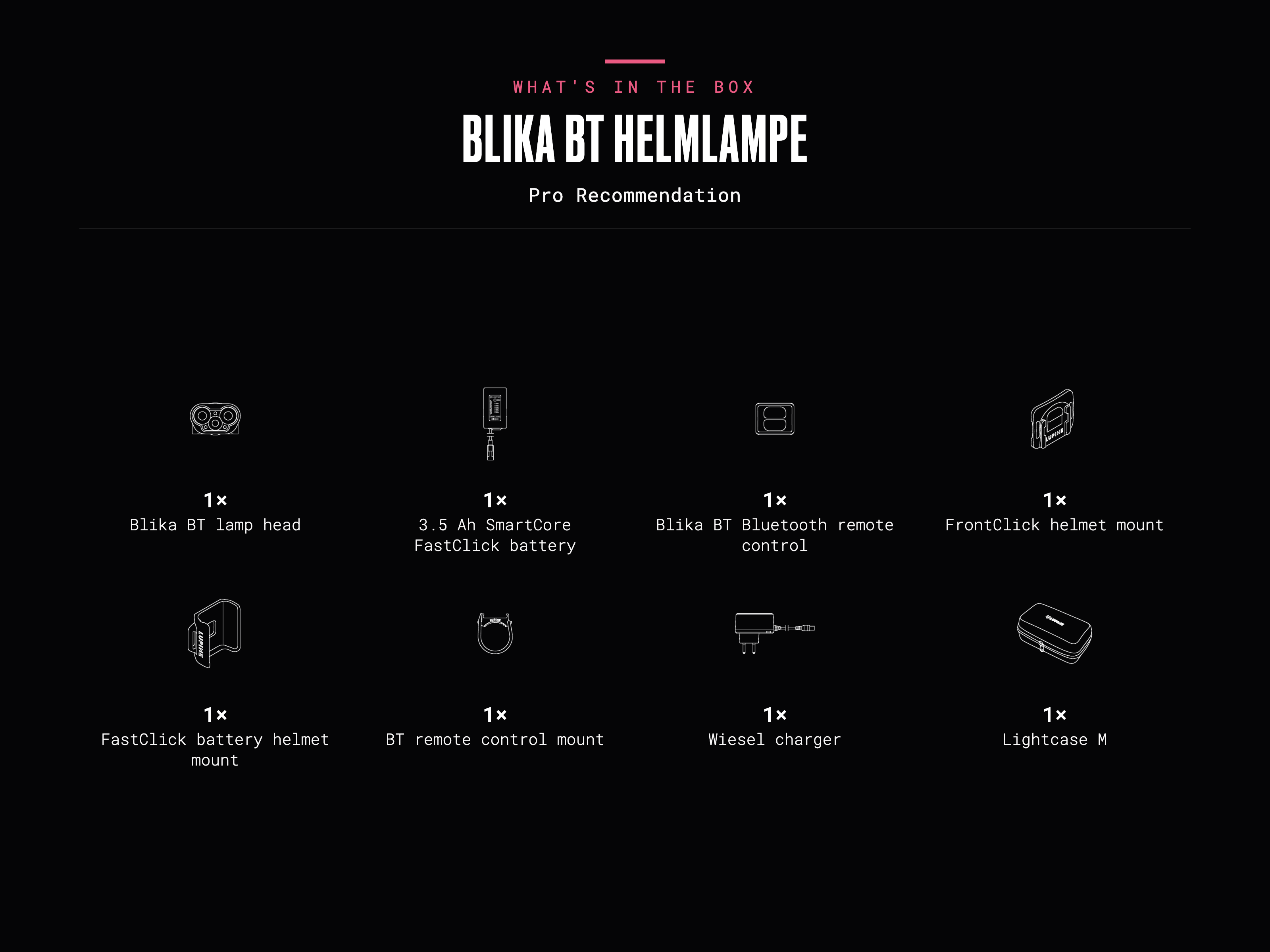 What's in the box – Blika BT Helmlampe (Pro Recommendation): 1× Blika BT lamp head, 1× 3.5 Ah SmartCore FastClick battery, 1× Blika BT Bluetooth remote control, 1× FrontClick helmet mount, 1× FastClick battery helmet mount, 1× BT remote control mount, 1× Wiesel charger, 1× Lightcase M.