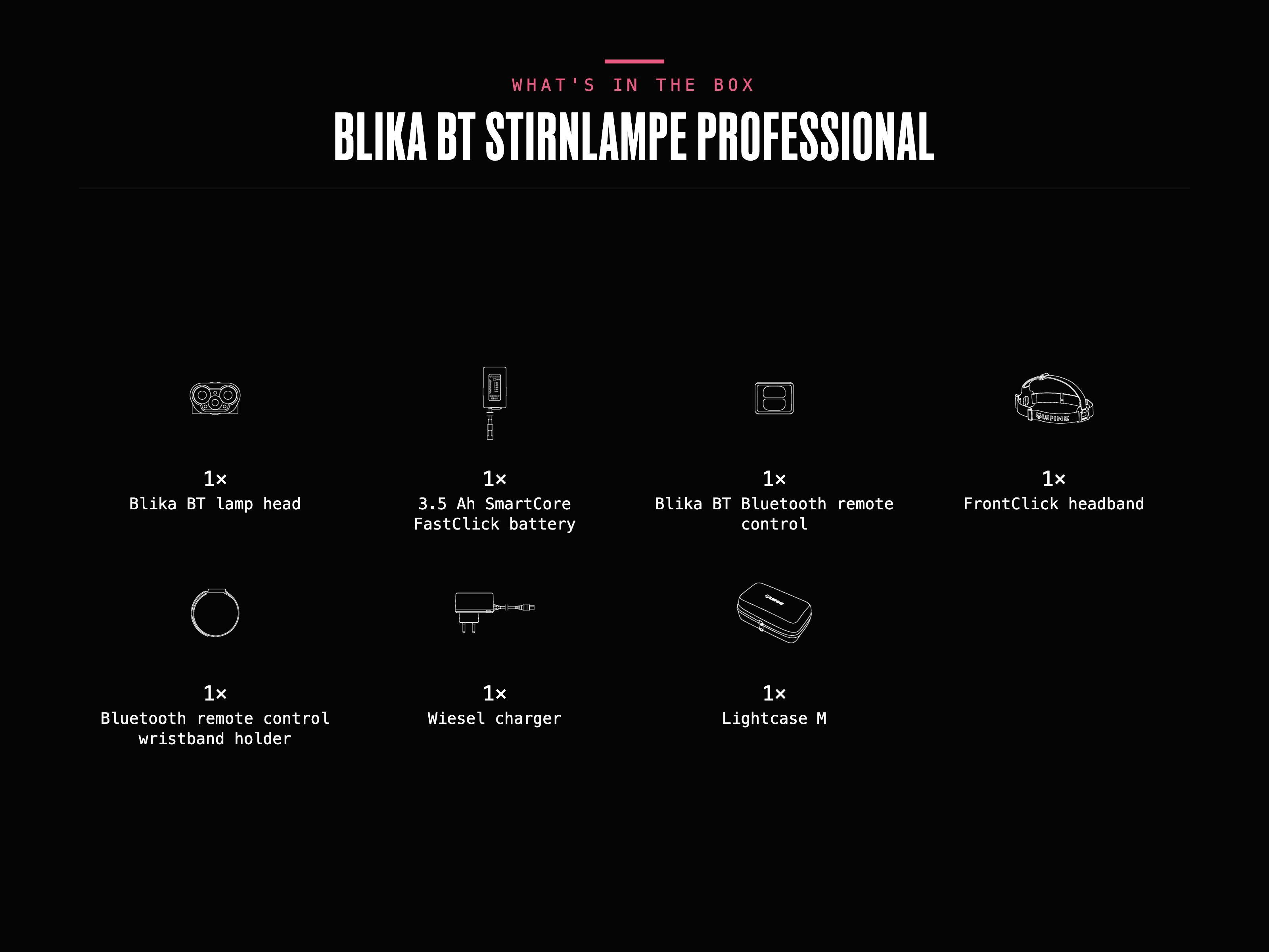 What's in the box – Blika BT Stirnlampe Professional: 1× Blika BT lamp head, 1× 3.5 Ah SmartCore FastClick battery, 1× Blika BT Bluetooth remote control, 1× FrontClick headband, 1× Bluetooth remote control wristband holder , 1× Wiesel charger, 1× Lightcase M.