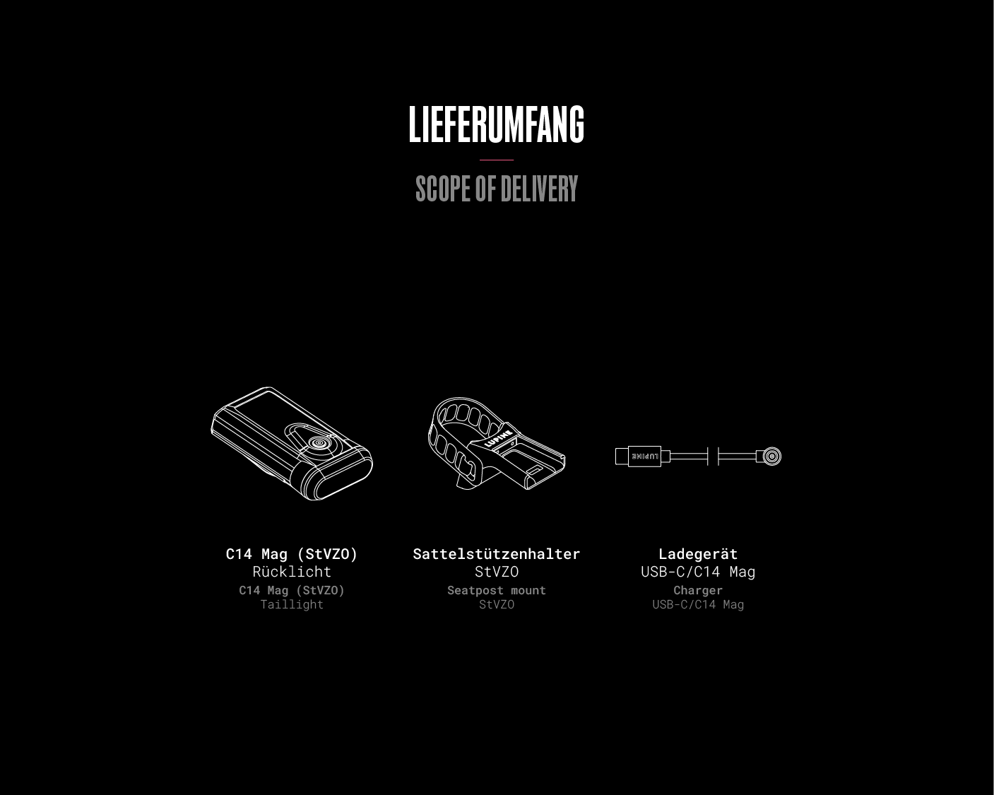What's in the box – C14 Mag (StVZO): 1× C14 Mag StVZO, 1× C14 Mag StVZO mount, 1× C14 Mag charging cable.