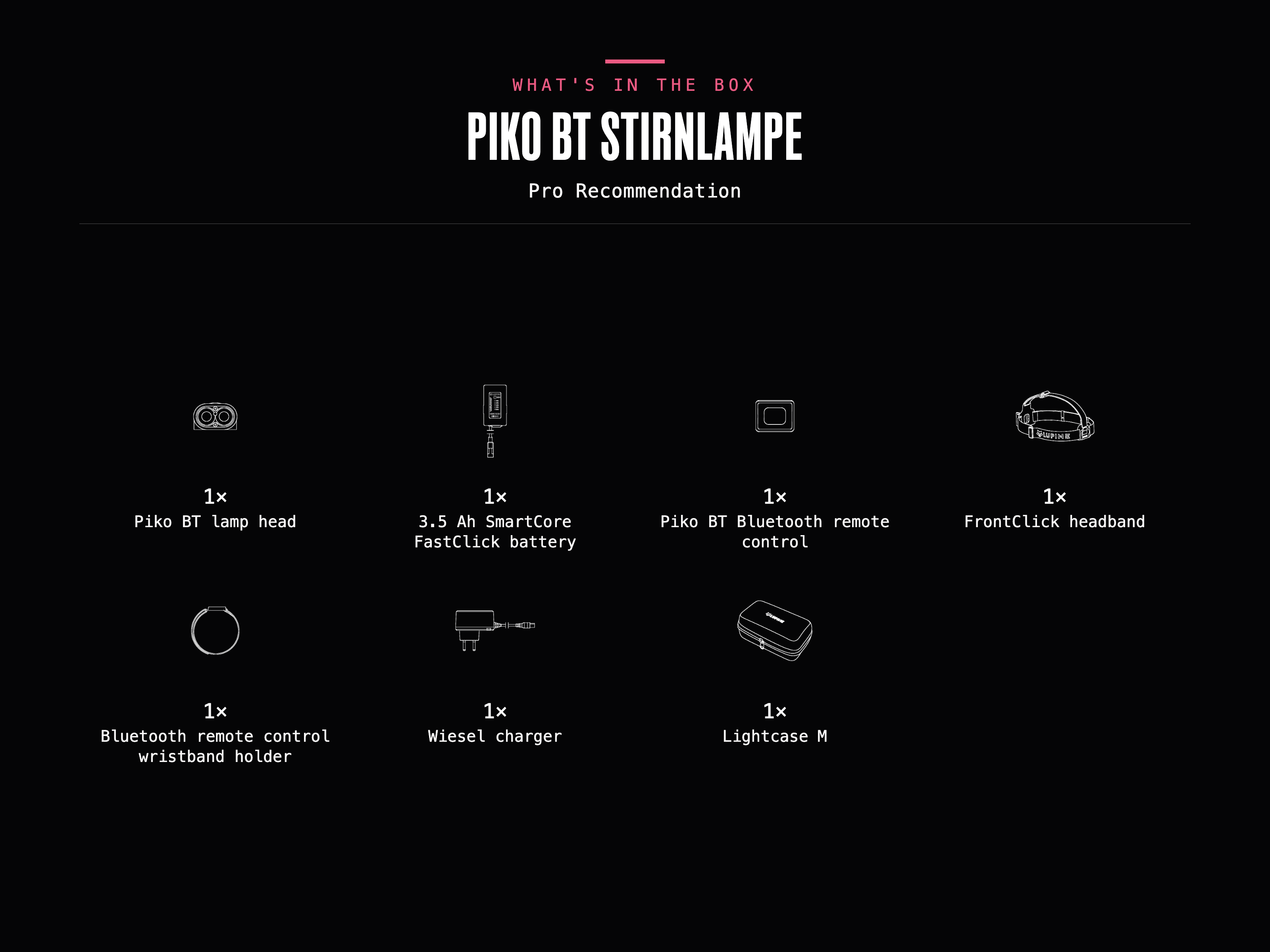 What's in the box – Piko BT Stirnlampe (Pro Recommendation): 1× Piko BT lamp head, 1× 3.5 Ah SmartCore FastClick battery, 1× Piko BT Bluetooth remote control, 1× FrontClick headband, 1× Bluetooth remote control wristband holder , 1× Wiesel charger, 1× Lightcase M.