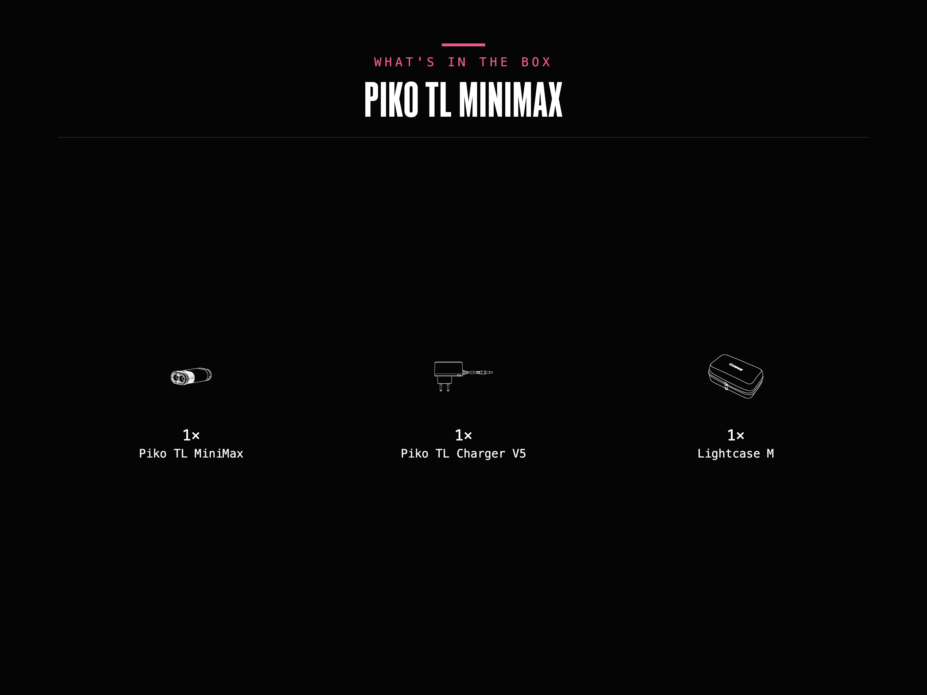What's in the box – Piko TL MiniMax: 1× Piko TL MiniMax, 1× Piko TL Charger V5, 1× Lightcase M.