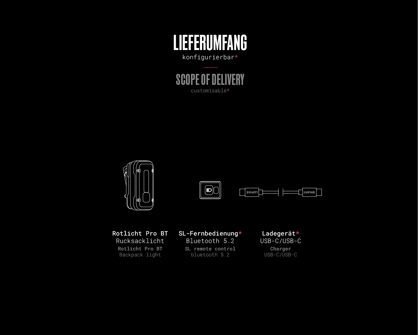 What's in the box – Rotlicht Pro BT (Rucksack): 1× Rotlicht Pro BT backpack lamp head, 1× SL Bluetooth remote control (configurable), 1× Charging cable (configurable).