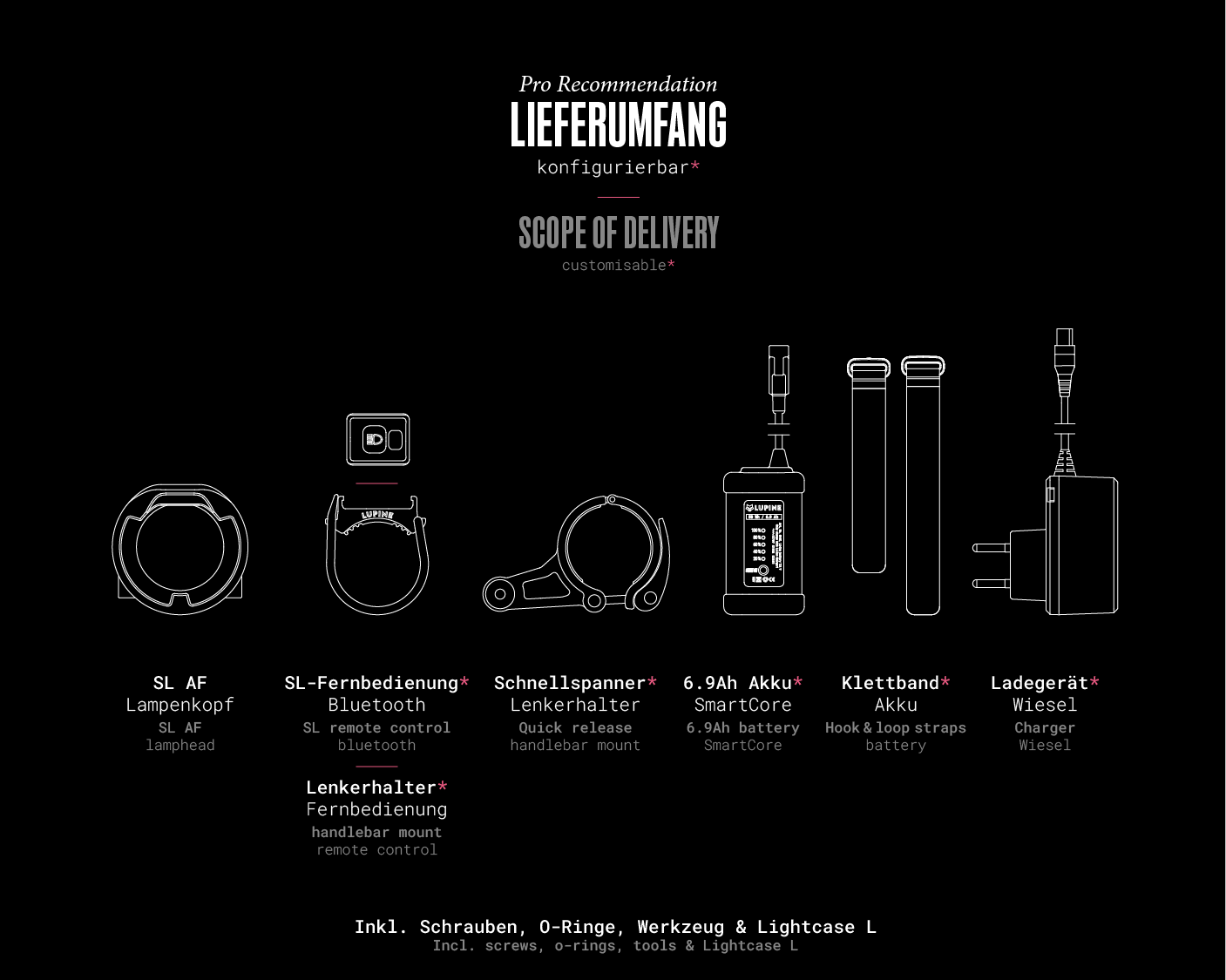 What's in the box – SL AF (Pro Recommendation): 1× SL AF lamp head, 1× Quick release 31.8 mm, 1× SL Bluetooth remote control, 1× BT remote control mount, 1× 6.9 Ah SmartCore battery, 2× Velcro strap 21/30 cm, 1× Wiesel charger, 1× Lightcase L.