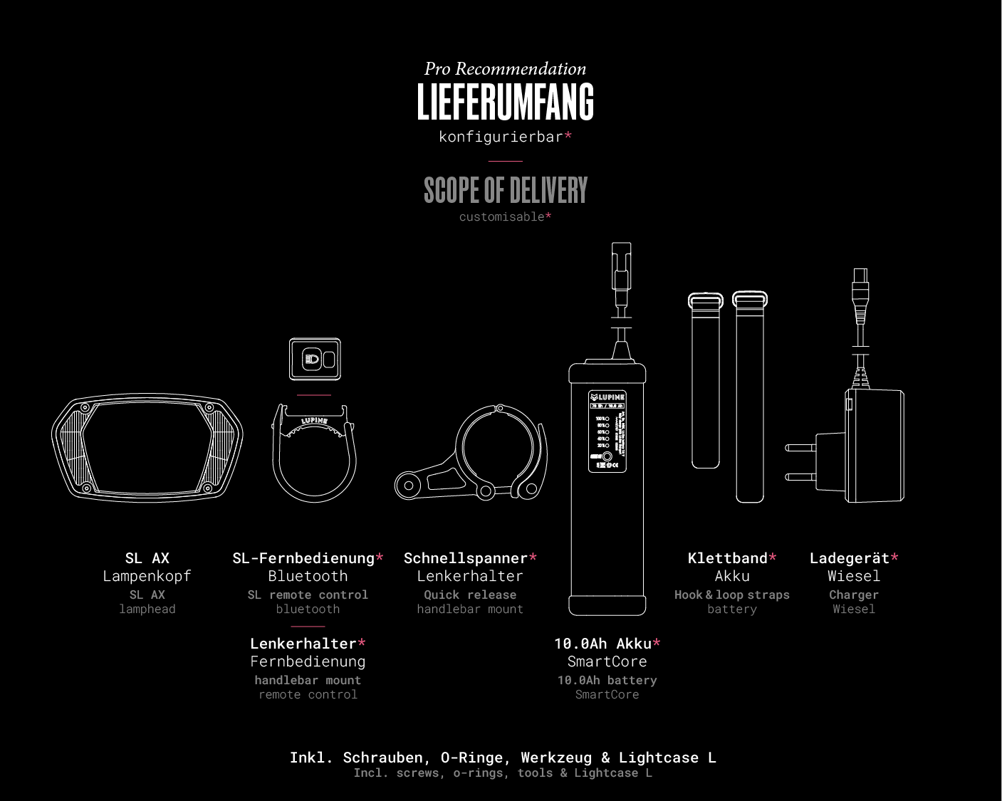 What's in the box – SL AX (Pro Recommendation): 1× SL AX lamp head, 1× Quick release 31.8 mm, 1× SL Bluetooth remote control, 1× BT remote control mount, 1× 10.0 Ah SmartCore battery, 1× Battery Velcro strap 21 cm, 1× Battery Velcro strap 30 cm, 1× Wiesel charger.