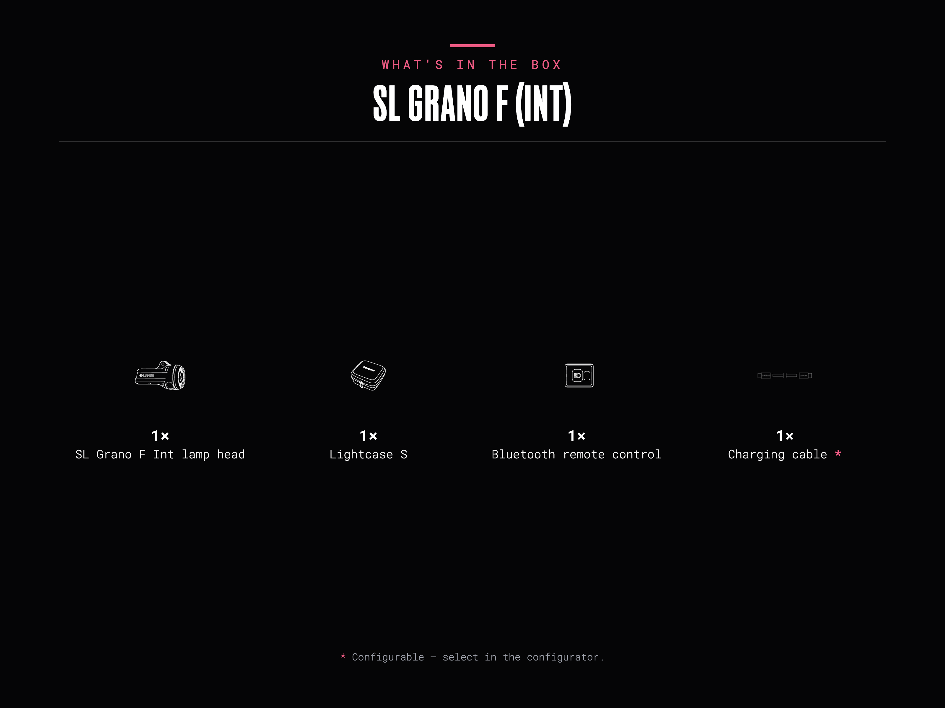 What's in the box – SL Grano F (Int): 1× SL Grano F Int lamp head, 1× Lightcase S, 1× Bluetooth remote control, 1× Charging cable (configurable).