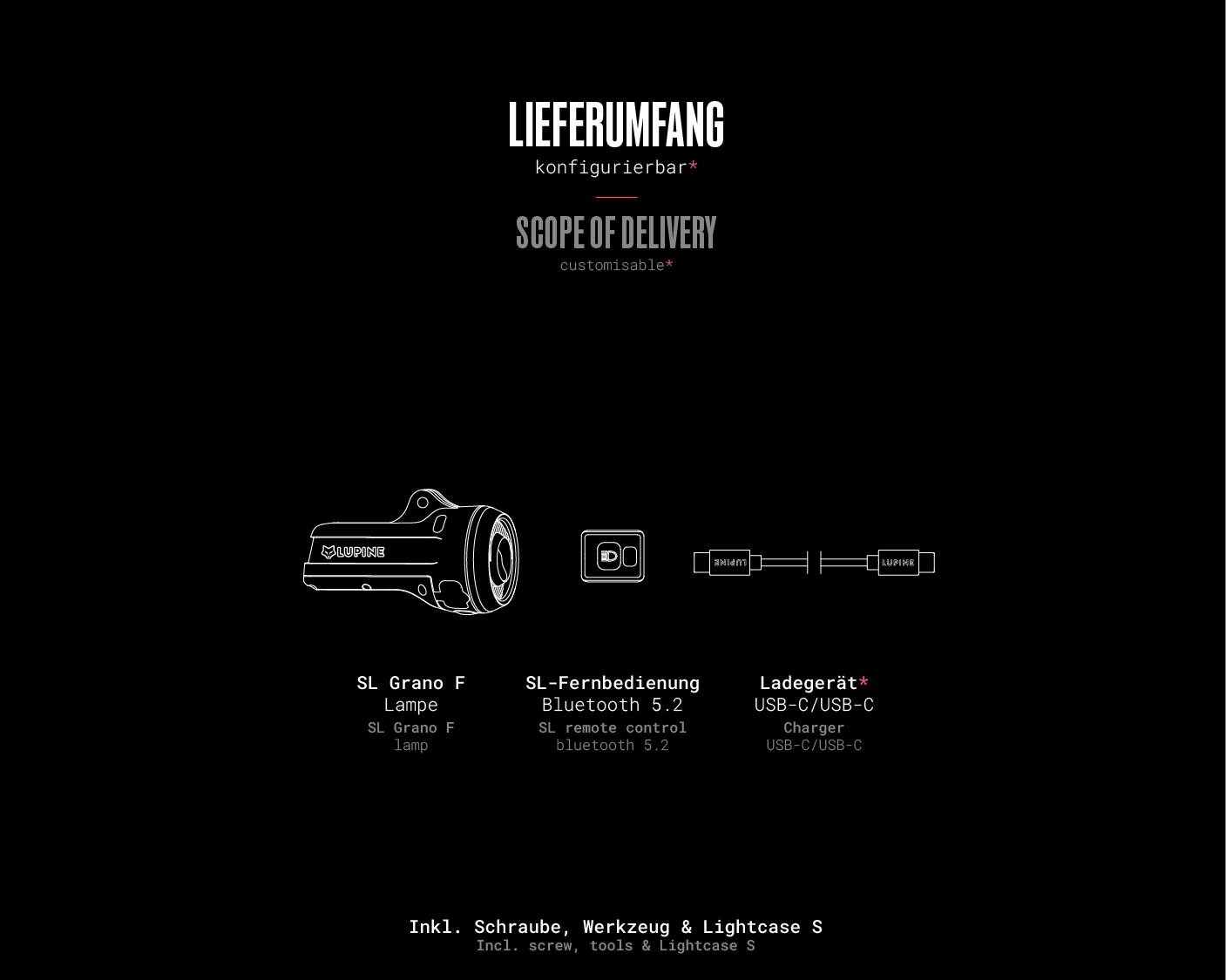 What's in the box – SL Grano F (Int): 1× SL Grano F Int lamp head, 1× Lightcase S, 1× Bluetooth remote control, 1× Charging cable (configurable).