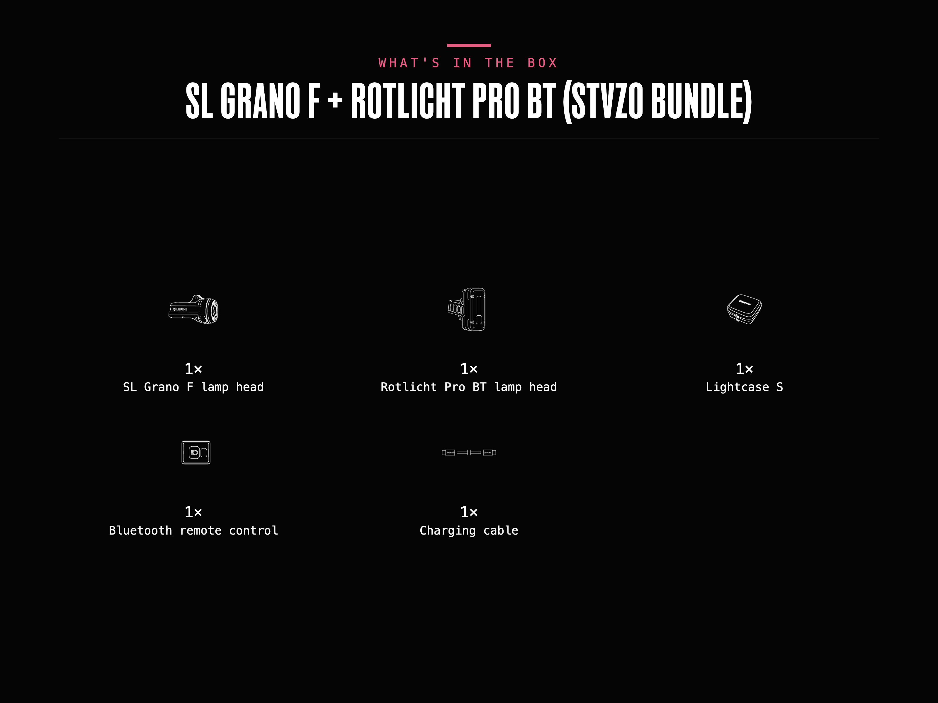 What's in the box – SL Grano F + Rotlicht Pro BT (StVZO Bundle): 1× SL Grano F lamp head, 1× Rotlicht Pro BT lamp head, 1× Lightcase S, 1× Bluetooth remote control, 1× Charging cable.