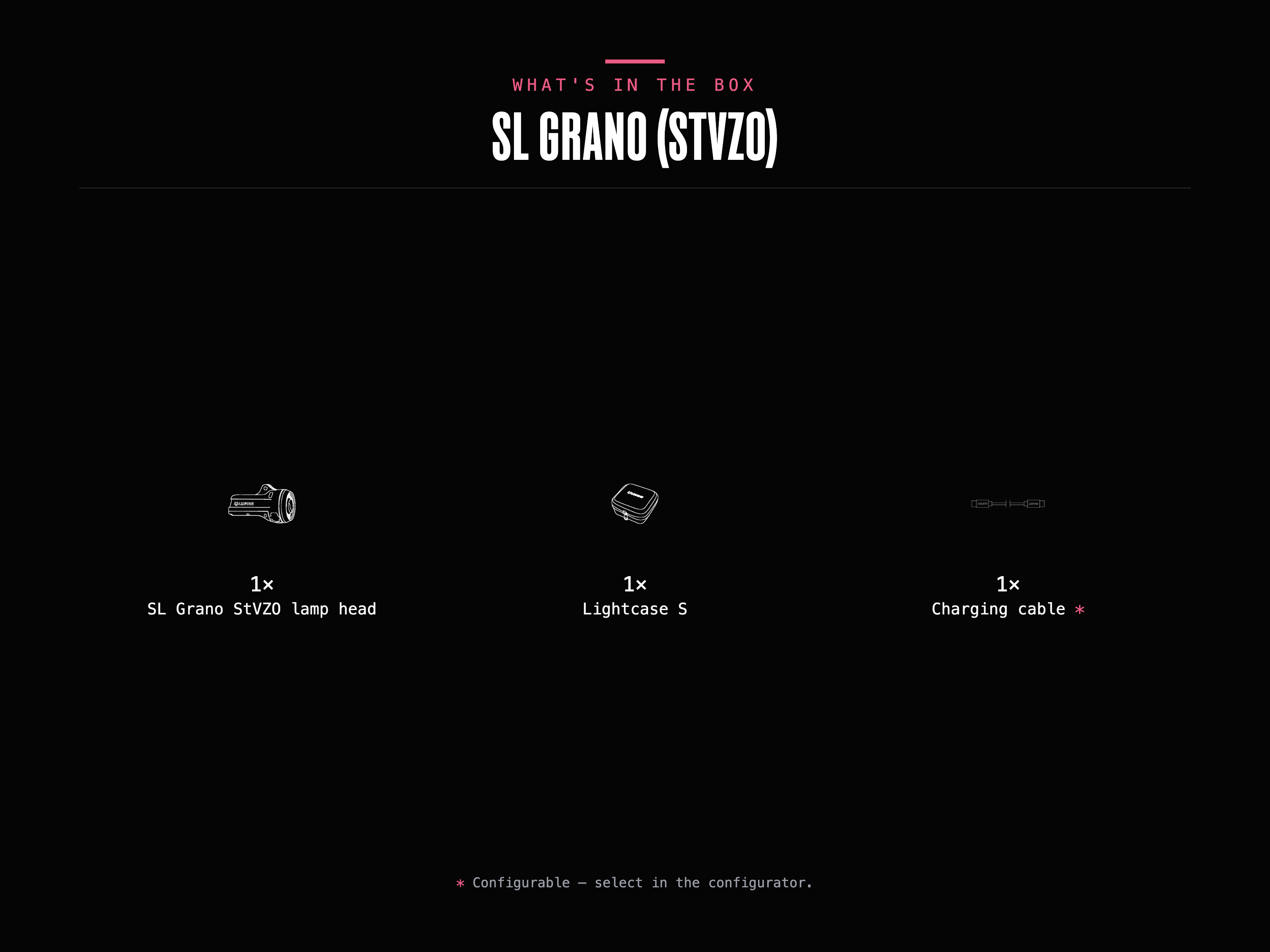 What's in the box – SL Grano (StVZO): 1× SL Grano StVZO lamp head, 1× Lightcase S, 1× Charging cable (configurable).