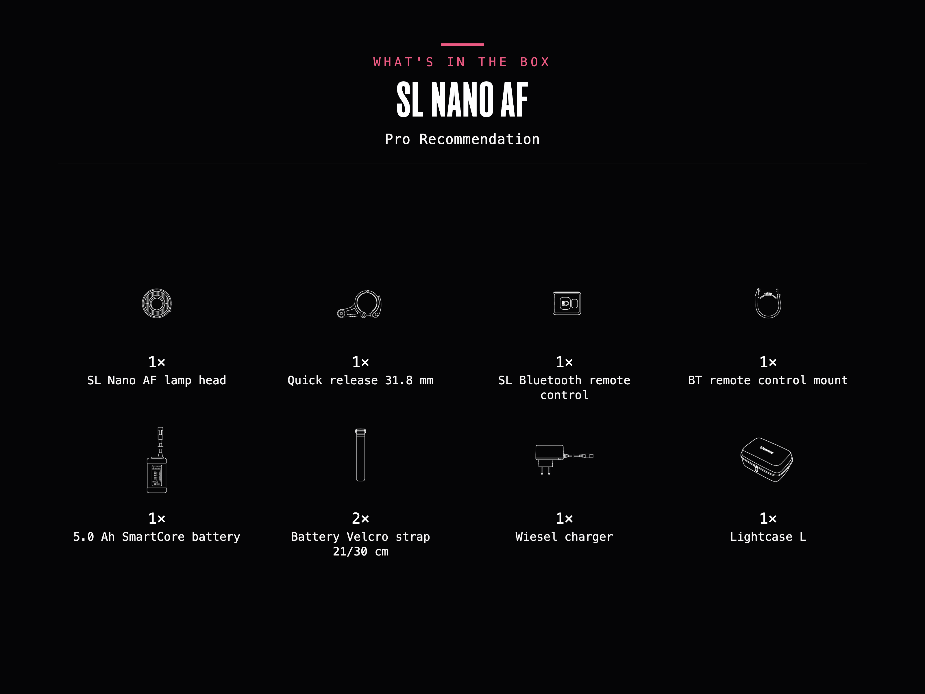 What's in the box – SL Nano AF (Pro Recommendation): 1× SL Nano AF lamp head, 1× Quick release 31.8 mm, 1× SL Bluetooth remote control, 1× BT remote control mount, 1× 5.0 Ah SmartCore battery, 1× Battery Velcro strap 21 cm, 1× Battery Velcro strap 30 cm, 1× Wiesel charger, 1× Lightcase L.