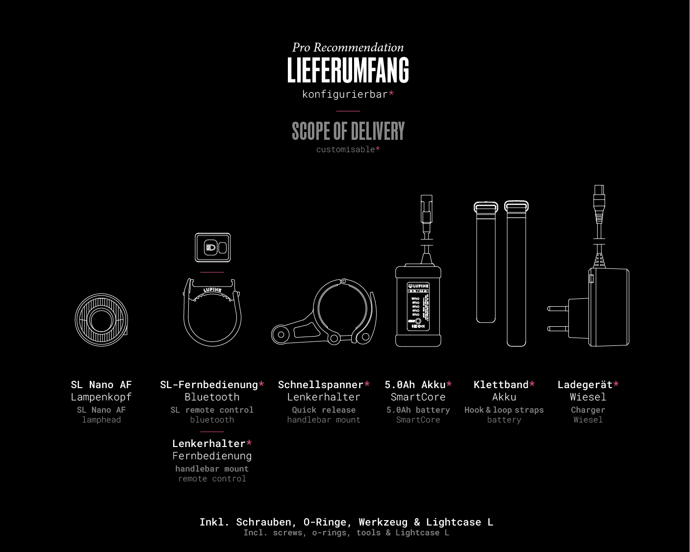 What's in the box – SL Nano AF (Pro Recommendation): 1× SL Nano AF lamp head, 1× Quick release 31.8 mm, 1× SL Bluetooth remote control, 1× BT remote control mount, 1× 5.0 Ah SmartCore battery, 1× Battery Velcro strap 21 cm, 1× Battery Velcro strap 30 cm, 1× Wiesel charger, 1× Lightcase L.