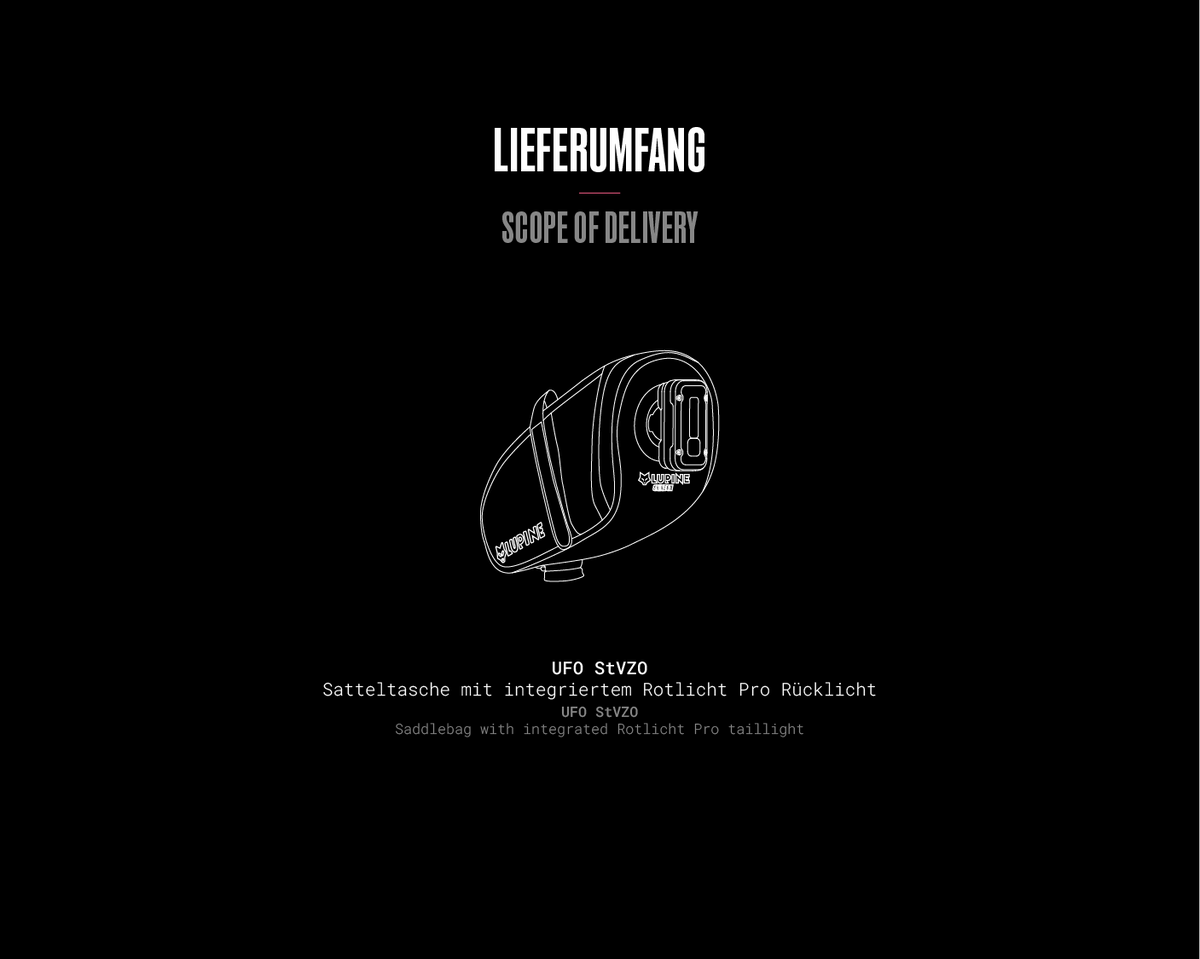 What's in the box – UFO saddlebag StVZO: 1× UFO saddlebag, 1× Rotlicht Pro StVZO, 1× Rotlicht Pro Garmin adapter, 1× charging cable (configurable).